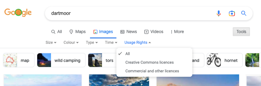 image usage rights and copyright tool being displayed on Google search page