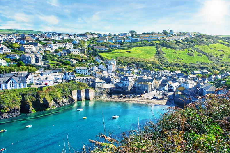 Landscape shot of the pretty fishing village of Port Isaac