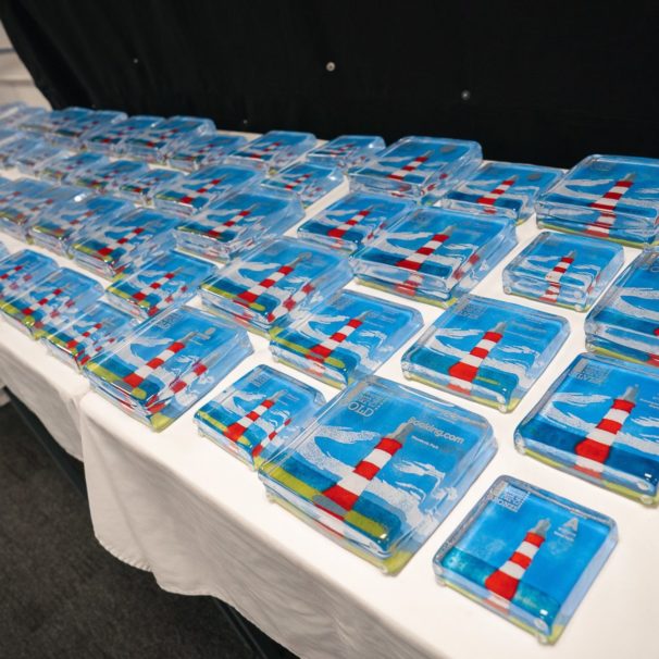 Group of Devon Tourism Award trophies displayed on a table